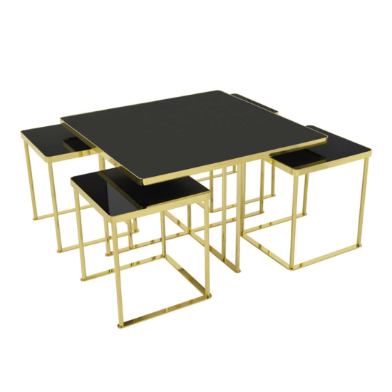 QUINTET 5 részes dohányzóasztal szett Arany lábakkal és magasfényű fekete MDF asztallap