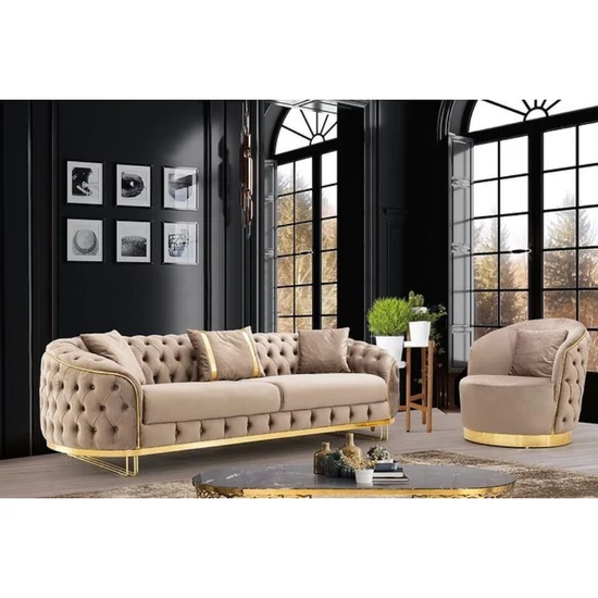 CHELSEA GOLD Modern Chesterfield elegáns BÉZS kanapé arany fémdíszekkel