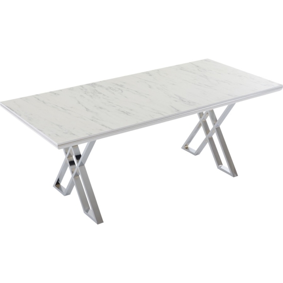 LUNA étkezőasztal FEHÉR márvány mintás MDF asztallap és EZÜST fém lábak 92×160cm  cm