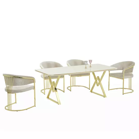 ALYA Étkezőszett Fehér Lakk MDF asztal arany lábakkal és VilágosBézs bársony szék arany lábbal
