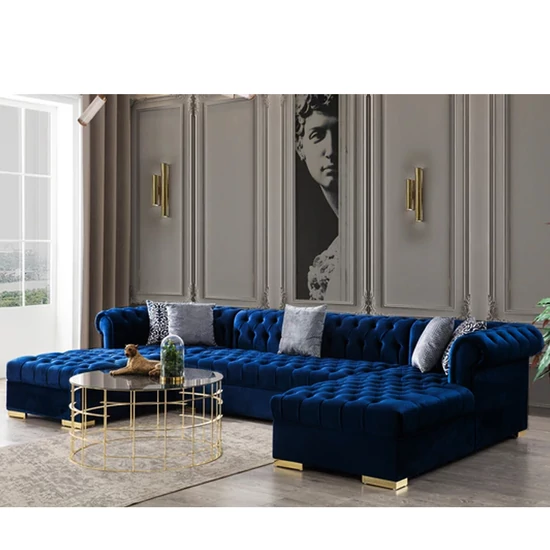 LAREX Chesterfield  U kanapé SÖTÉTKÉK bársony szövettel  és arany lábakkal